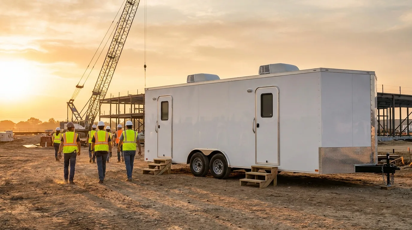 White break room trailer set up on an active construction site