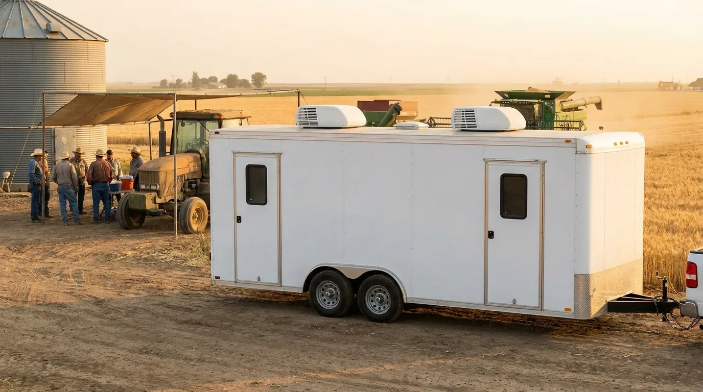Break room trailer at a farm during harvest