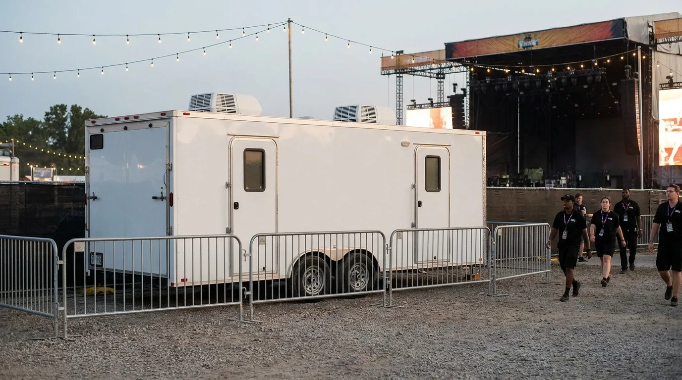 Office trailer behind the scenes at an outdoor festival