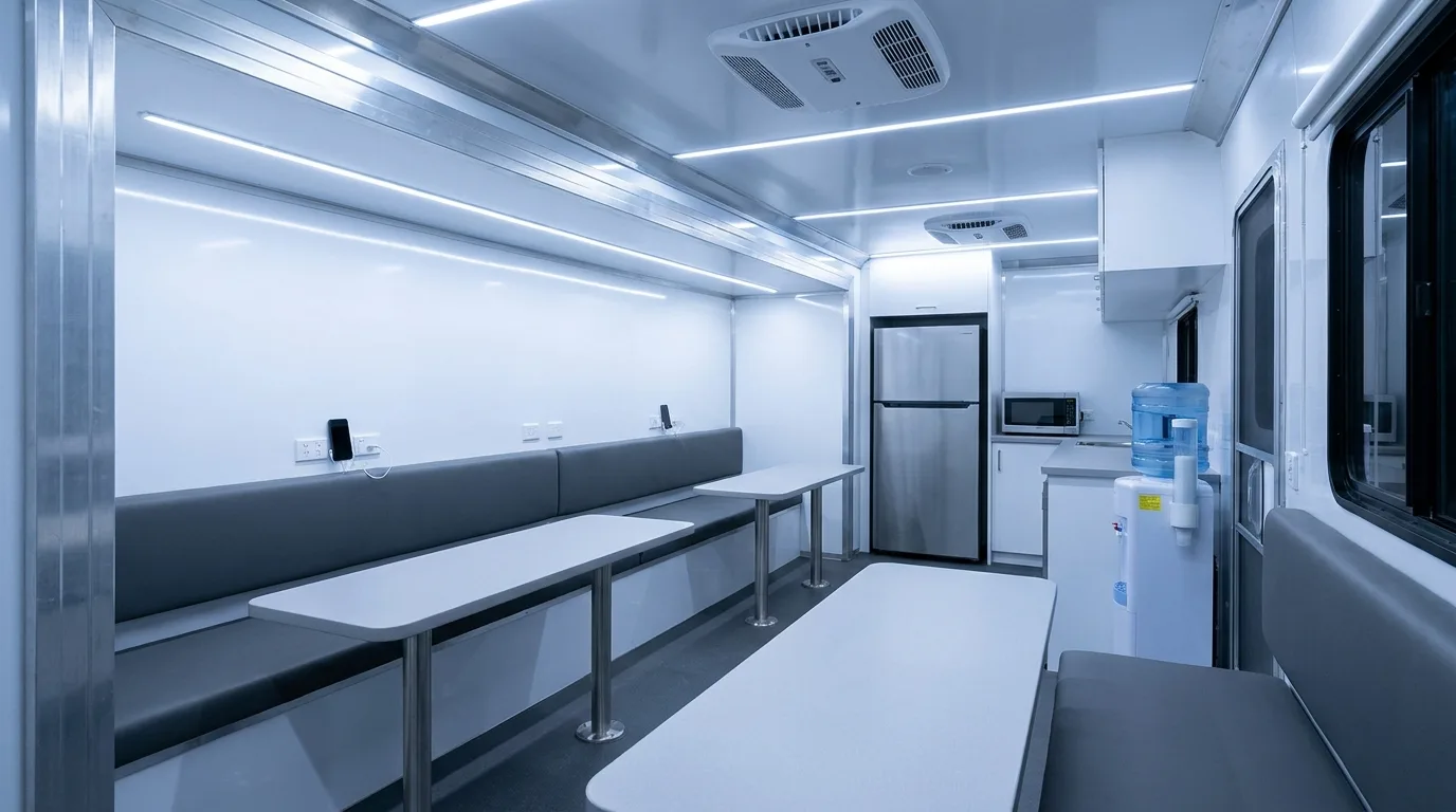 Inside a break room trailer with bench seating, tables, refrigerator and air conditioning