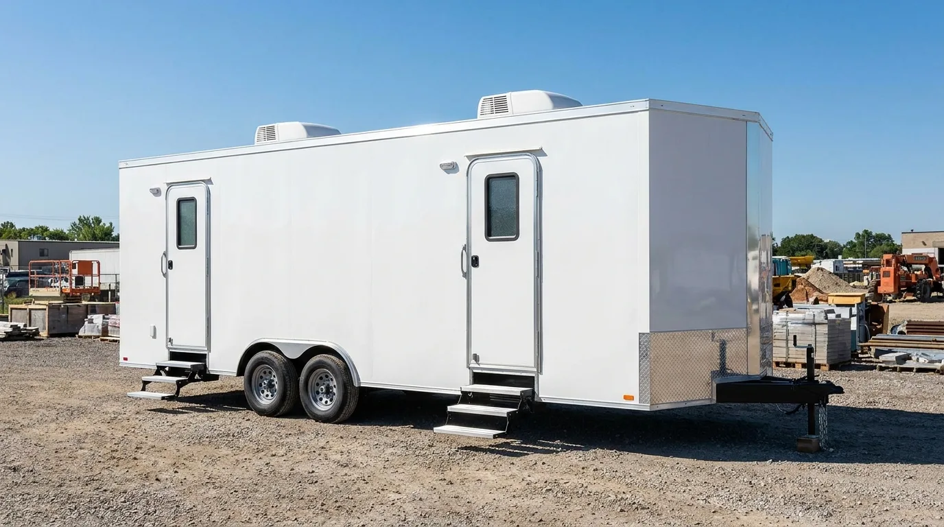 White break room trailer rental with double entry doors