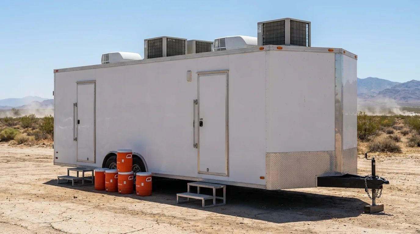Cooling trailer with high-capacity roof AC units for worker heat relief
